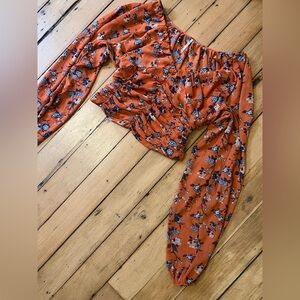 Free People Orange Floral Smocked Blouse